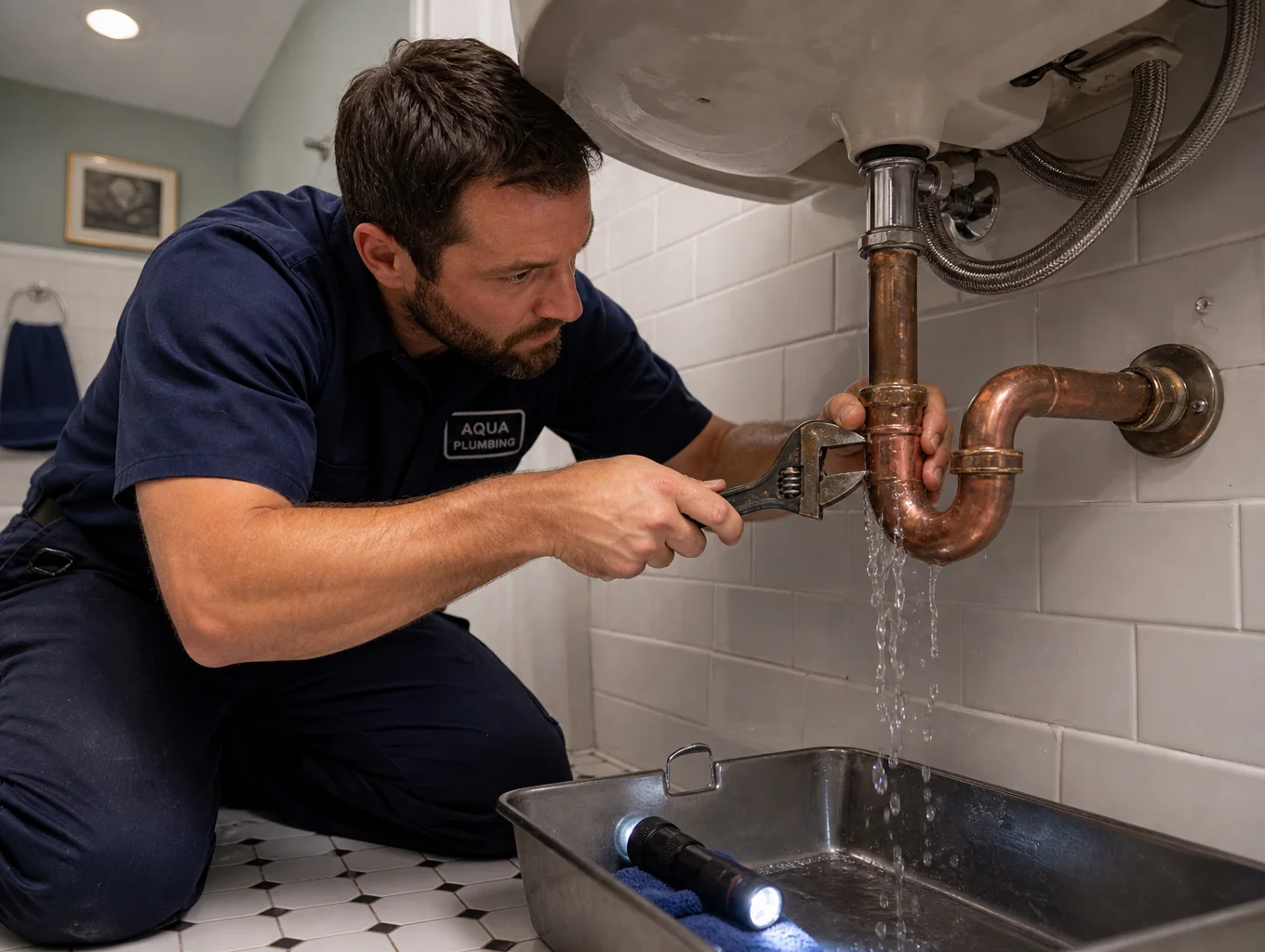 Professional plumber repairing a pipe fixture